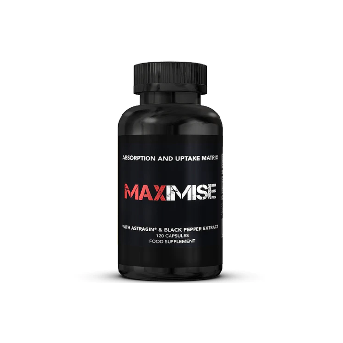 Black bottle of Strom Sports Maximise food supplements with black pepper extract for nutrient absorption