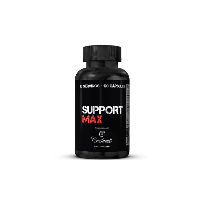 Black Support Max plastic bottle of Strom Sports SupportMAX athletic supplementation capsules
