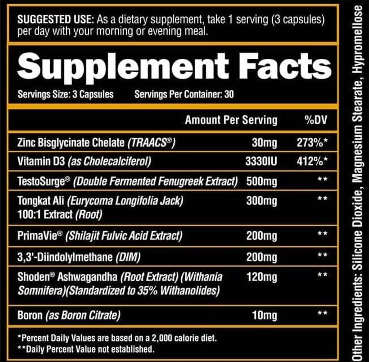 Supplement facts label for Alpha Lion SuperHuman Test natural testosterone boost product