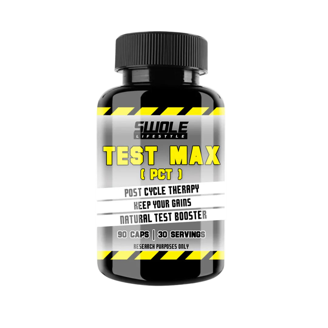 Supplement bottle labeled 'Test Max' on a white background