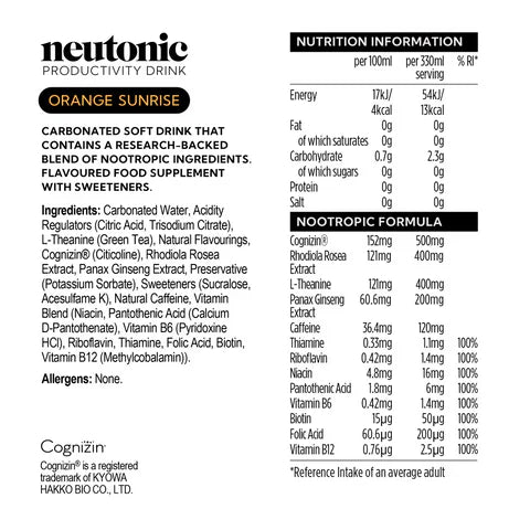 Neutonic Productivity Drink with Rhodiola Rosea and Panax Ginseng, nutritional info visible