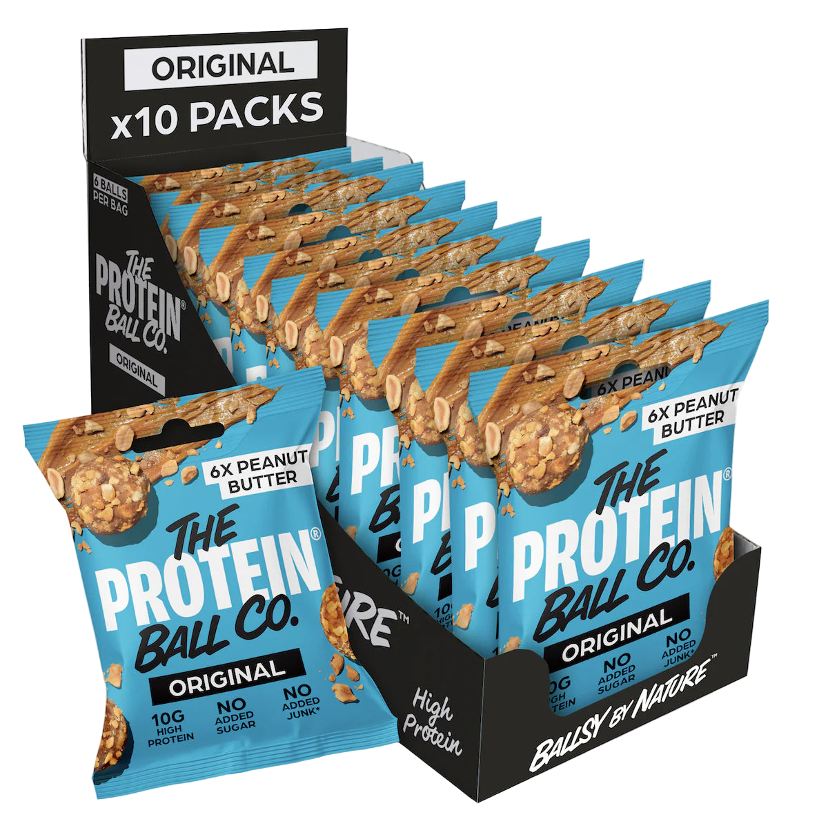 Display of The Protein Ball Co. Original protein ball packs with blue and black packaging.