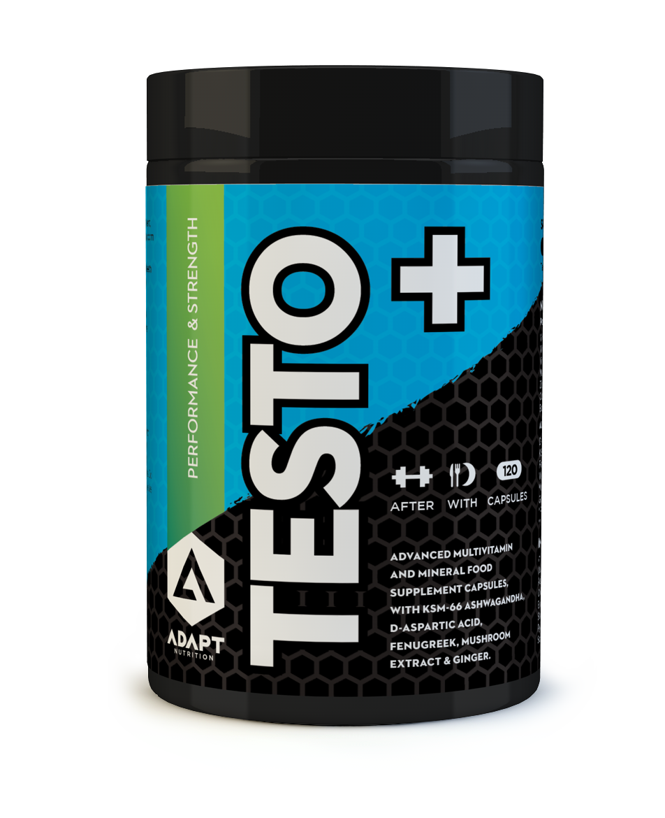 Black and blue Adapt Nutrition Testo+ container supports healthy testosterone and normal protein synthesis