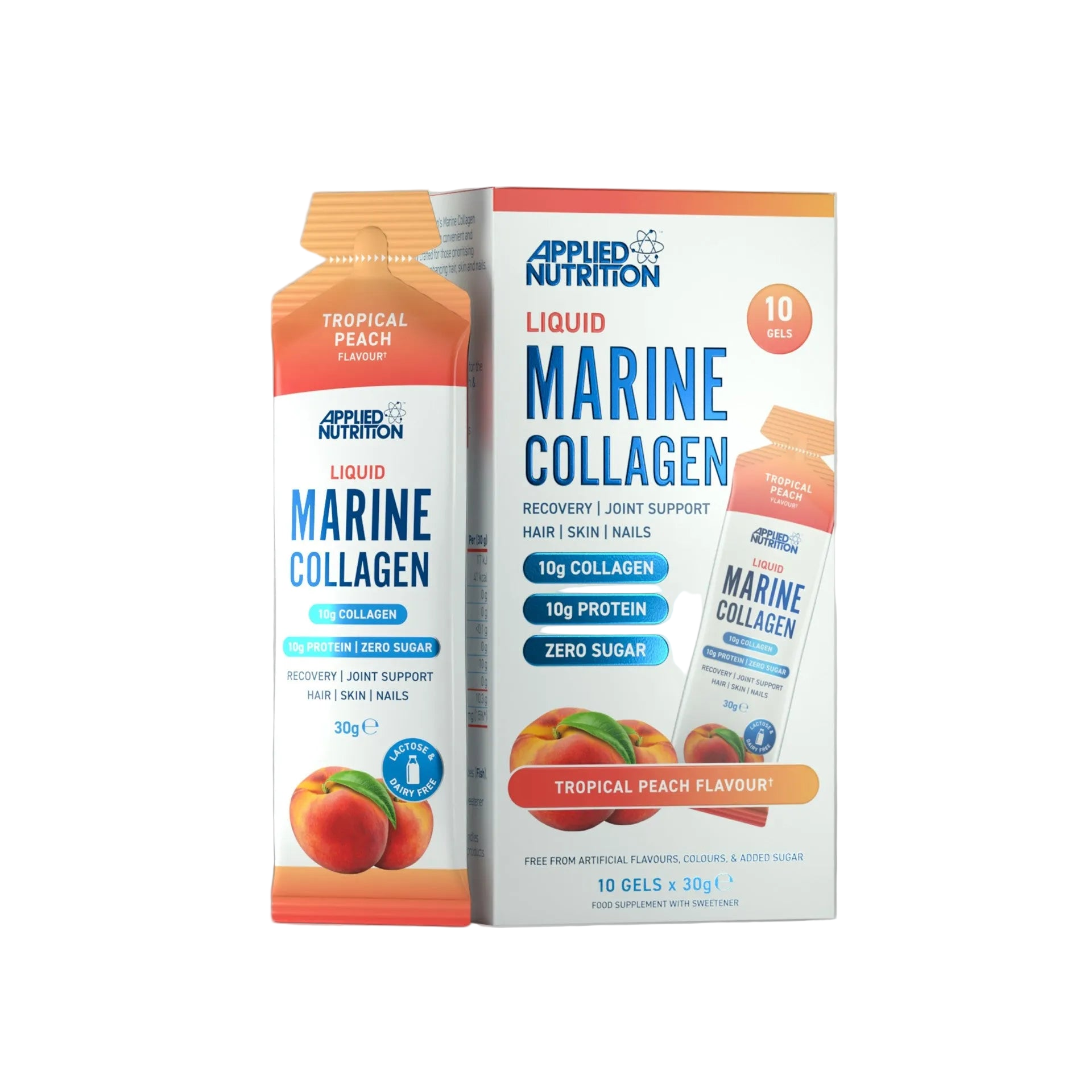 Applied Nutrition Liquid Marine Collagen packaging with tropical peach flavor on a white background