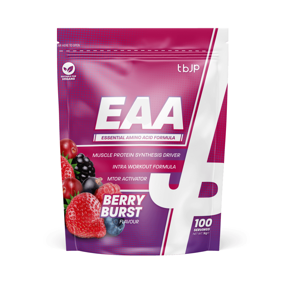 Purple and pink pouch of Trained By JP EAA Berry Burst for boost protein and essential nutrients