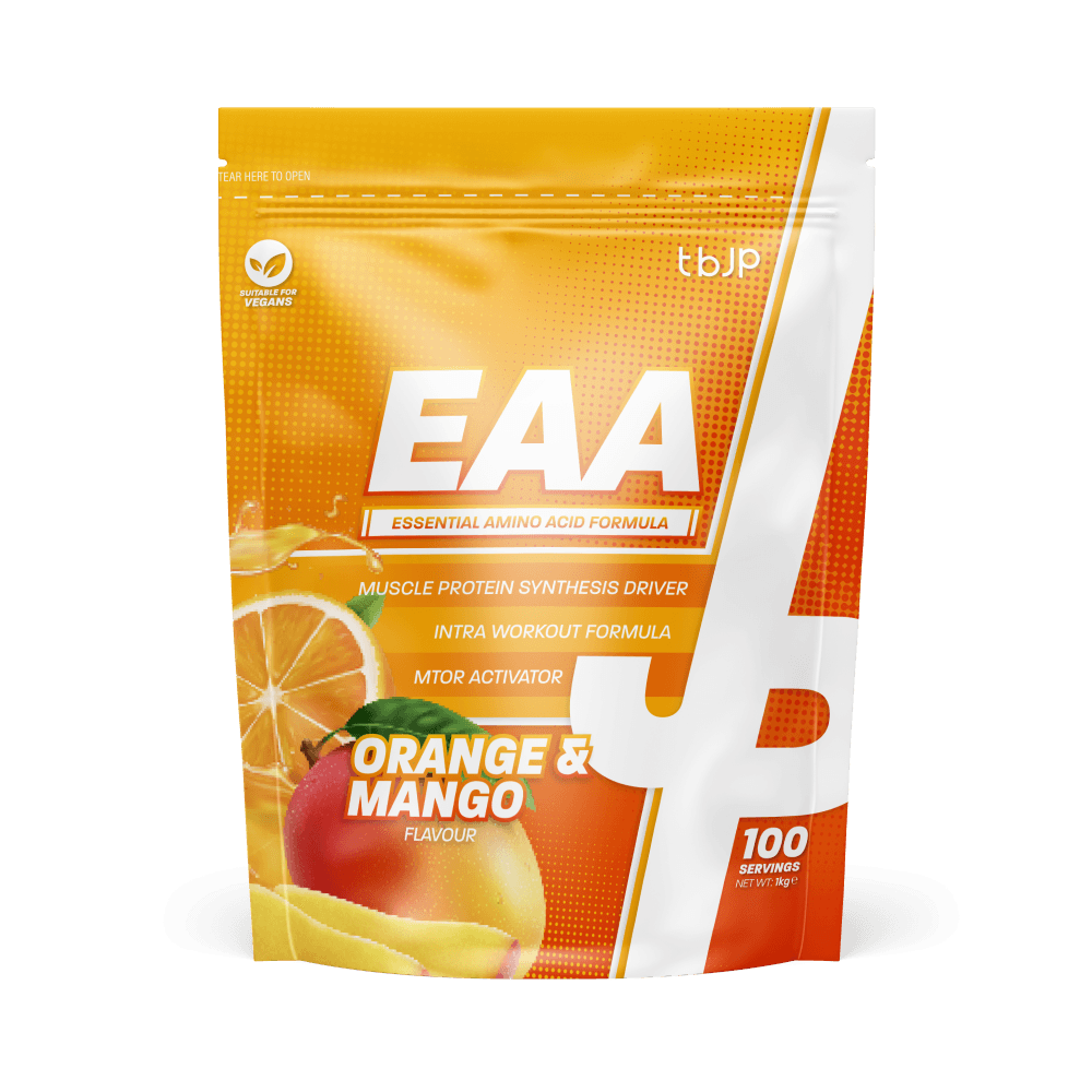 Orange and mango flavored Trained By JP EAA supplement for essential nutrients and complete amino