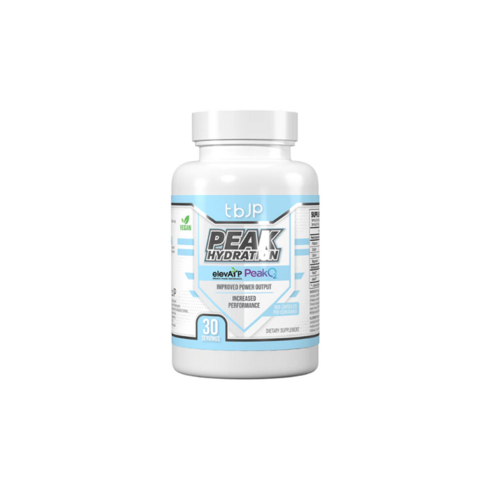 White and light blue Peak Hydration supplement bottle for elevating ATP with essential electrolytes