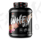 Black whey protein powder tub with WHEY UP branding for TWP ALL THE WHEY UP 2.1kg Battenberg cake