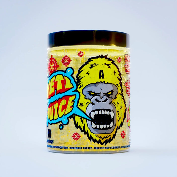 Yellow Gorillalpha Yeti Juice supplement jar with roaring gorilla illustration for chaos crew protein