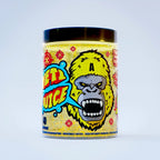 Yellow Gorillalpha Yeti Juice supplement jar with roaring gorilla illustration for chaos crew protein