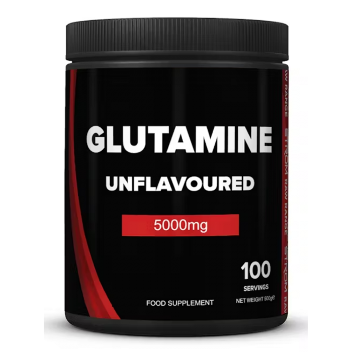 Black Strom Sports L-Glutamine tub with 500g of pharmaceutical grade powder for muscle recovery