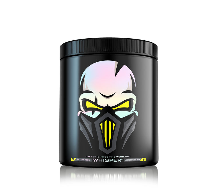 Black Genius Nutrition Whisper container with skull logo for better muscle pumps and workout performance