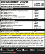 Genius Nutrition Whisper supplement label boosting muscle pumps and workout performance