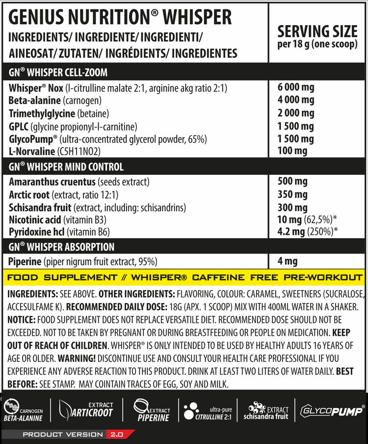 Genius Nutrition Whisper supplement label boosting muscle pumps and workout performance