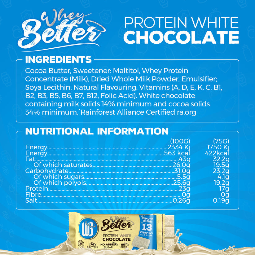 WheyBetter Protein White chocolate Immune Blend of Vitamins - 12x75g / Protein White Chocolate - Protein Bars