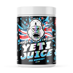 Gorillalpha Yeti Juice pre-workout in black tub with colorful Yeti, chaos crew protein boost