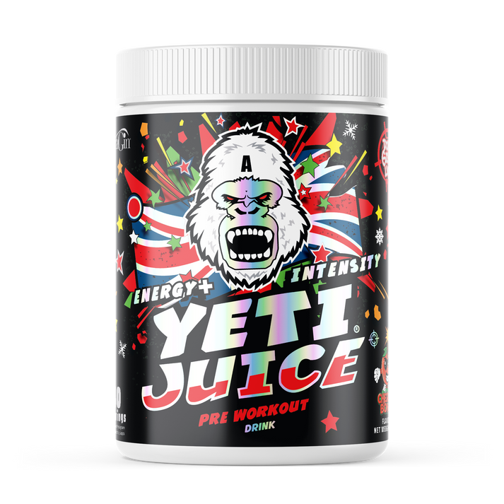 Gorillalpha Yeti Juice Caribbean Crush pre-workout powder with Yeti graphic and Union Jack design