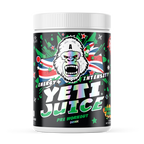 Gorillalpha Yeti Juice pre-workout with angry Yeti, Union Jack, chaos crew protein, chocolate lemon flavor