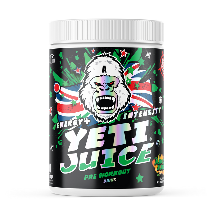 Gorillalpha Yeti Juice pre-workout with angry Yeti, Union Jack, chaos crew protein, chocolate lemon flavor