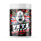 Gorillalpha Yeti Juice pre-workout tub with Yeti graphic, chaos crew protein boost