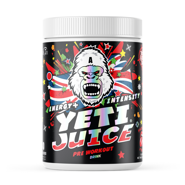 Gorillalpha Yeti Juice pre-workout tub with Yeti graphic, chaos crew protein boost